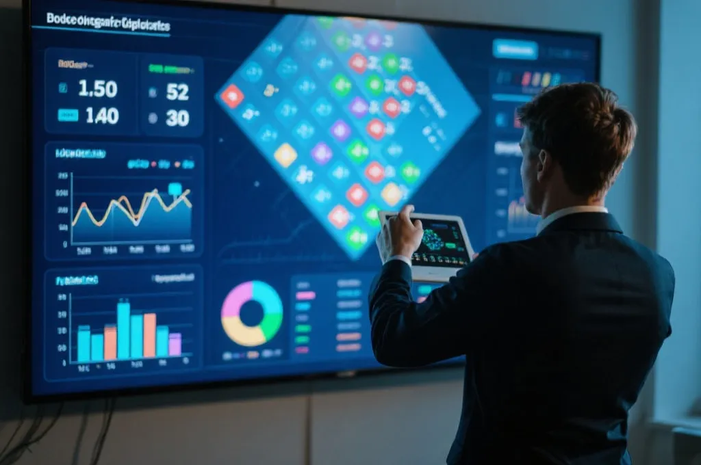 数据分析师在大屏幕前分析大乐透历史数据,数字与图表交织